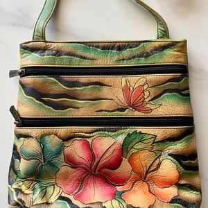 Anuschka Leather Crossbody Bag Hand Painted Butterfly Antique Hibiscus Florals